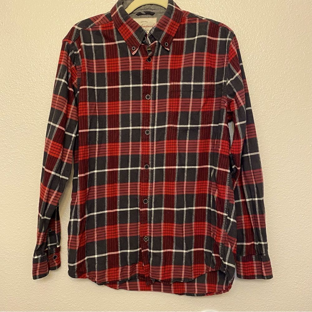 Weatherproof red black plaid button up long Sleeve Shirt 100% cotton flannel M